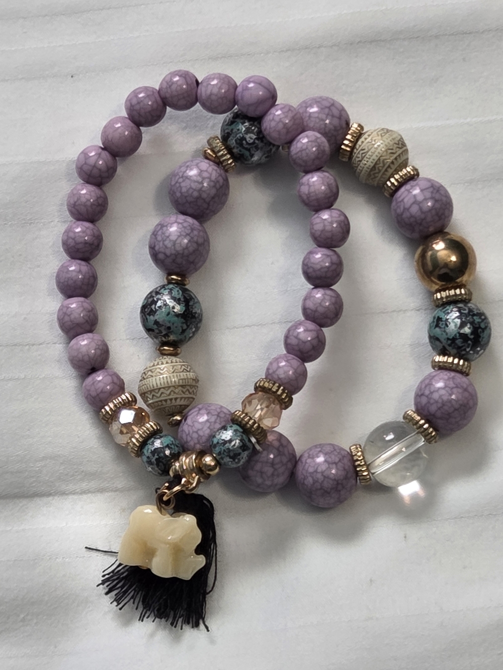 Mystic Elephant Purple Crackle & Turquoise Beaded Bracelet Set
